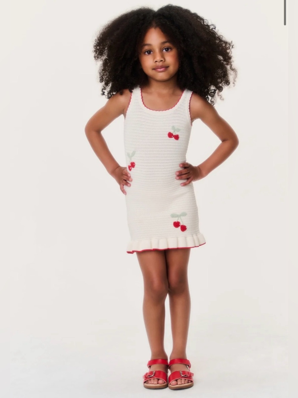 LoveShackFancy Cream Knit Tank Dress with Red Cherry Appliqués